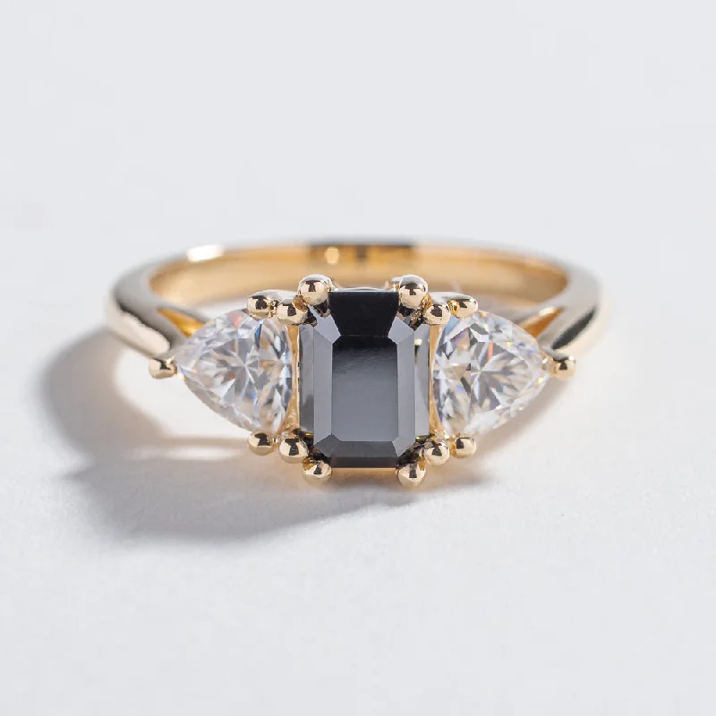 THREE STONE ENCHANTMENT ENGAGEMENT RING | 14K GOLD | BLACK DIAMOND & MOISSANITE