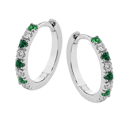 14k White Gold .07ct Diamond & .07ct Emerald Hoop Earrings