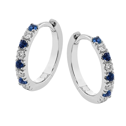 14k White Gold .07ct Diamond & .10ct Sapphire Hoop Earrings