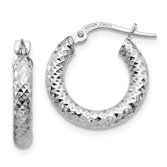 14K White Gold Diamond Cut Round Hoop Earrings