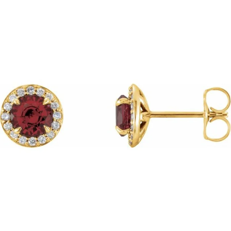 14K Yellow 5 mm Natural Mozambique Garnet & 1/8 CTW Natural Diamond Earrings