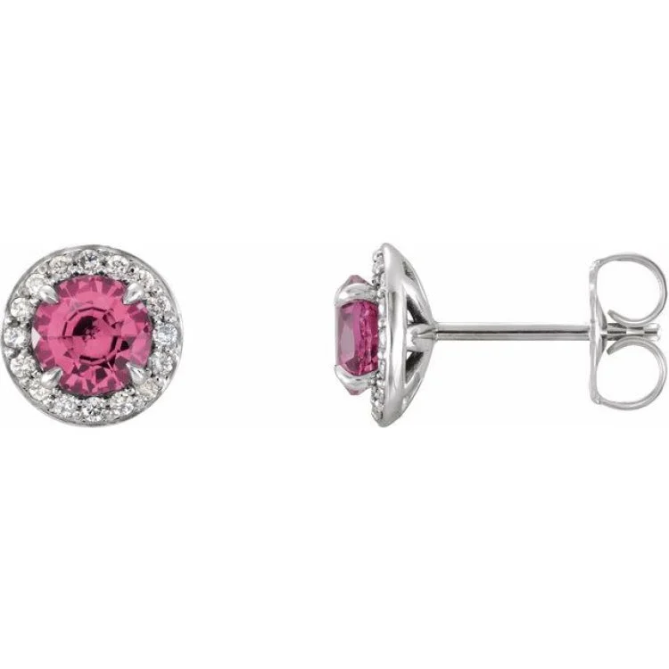 14K White 3.5 mm Natural Pink Tourmaline & 1/8 CTW Natural Diamond Earrings