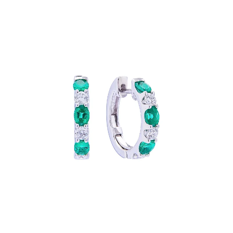 Sabel Collection 18K White Gold Oval Emerald and Diamond Hoop Earrings