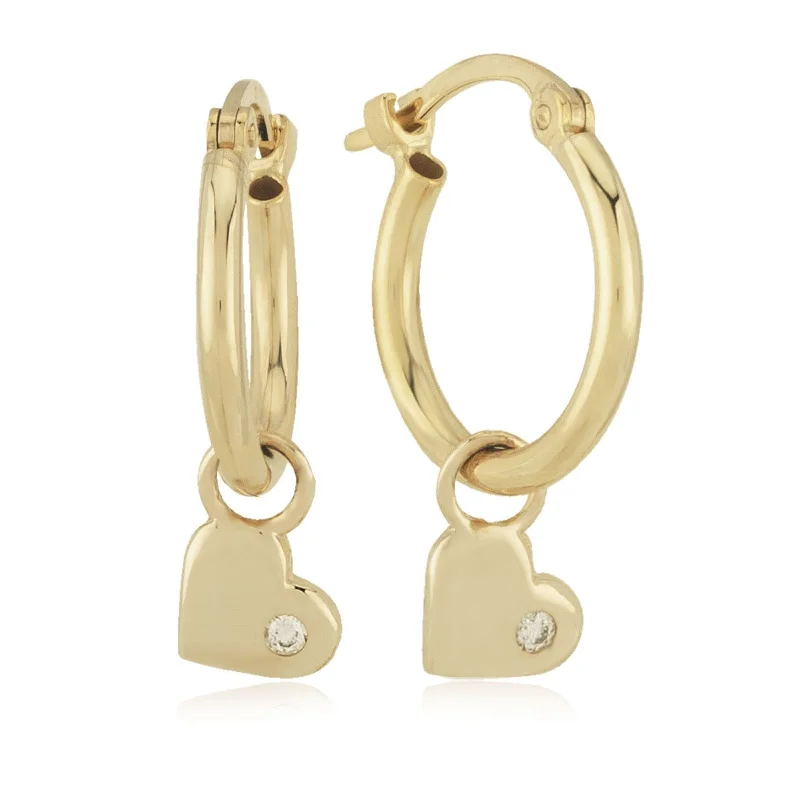 14K Yellow Gold Hoop and Heart Diamond Earrings