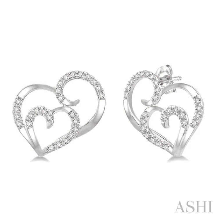 1/6 Ctw Double Heart Round Cut Diamond Earrings in 10K White Gold