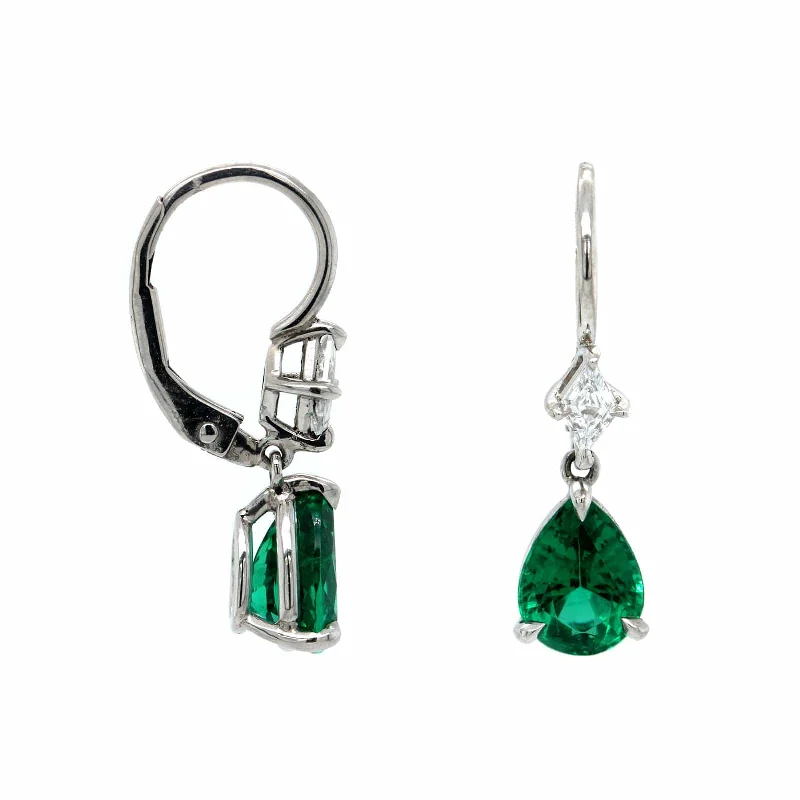 Platinum Diamond & Pear Shaped Emerald Dangle Earrings