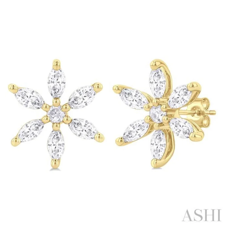 3/8 Ctw Floral Motif Marquise and Round Cut Diamond Fashion Stud Earring in 14K Yellow Gold