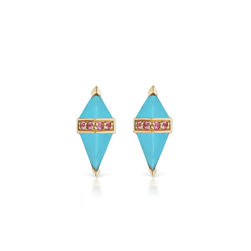 18K Yellow Gold Pietra Turquoise and Pink Sapphire Stud Earrings