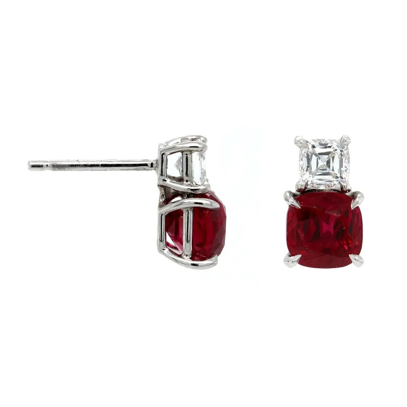 Platinum Round Ruby and Cushion Diamond Stud Earrings