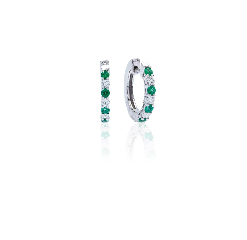 Sabel Collection 14K White Gold Round Emerald and Diamond Huggie Earrings