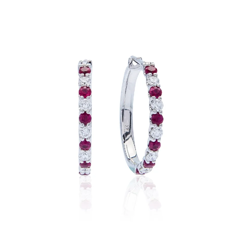 Sabel Collection 14K White Gold Round Ruby and Diamond Hoop Earrings