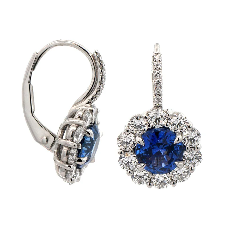 Platinum Blue Sapphire and Diamond Halo Drop Earrings