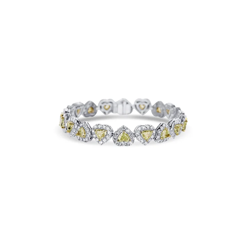 18K White Gold Fancy Yellow Heart With White Diamond Halo Line Bracelet