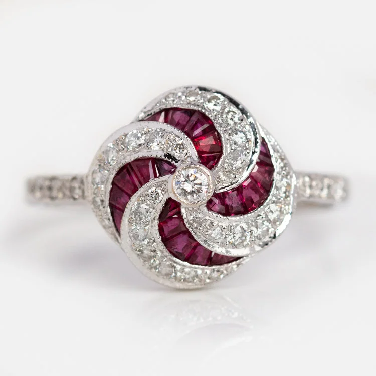 Vintage 18k White Gold Ruby and Diamond Cluster Ring Size 7