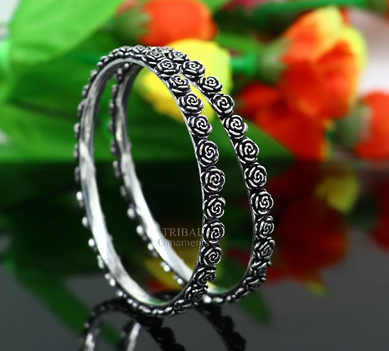 925 sterling silver handcrafted rose flower design bangles bracelet, fancy stylish gorgeous kangan tribal belly dance jewelry nba314