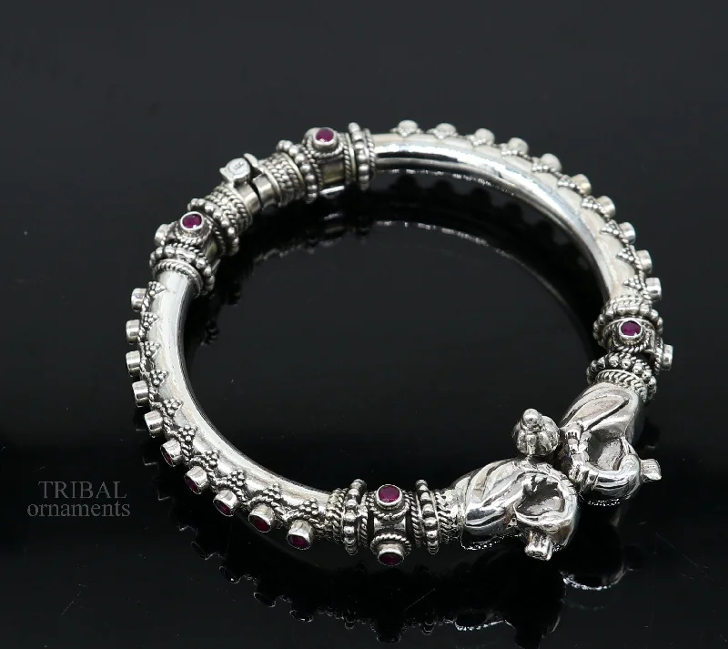 925 Sterling silver handmade vintage peacock design garnet stone studded tribal ethnic belly dance bangle bracelet gifting kada nsk438