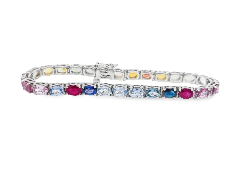 White Gold Multi-Color Oval Sapphire Tennis Bracelet