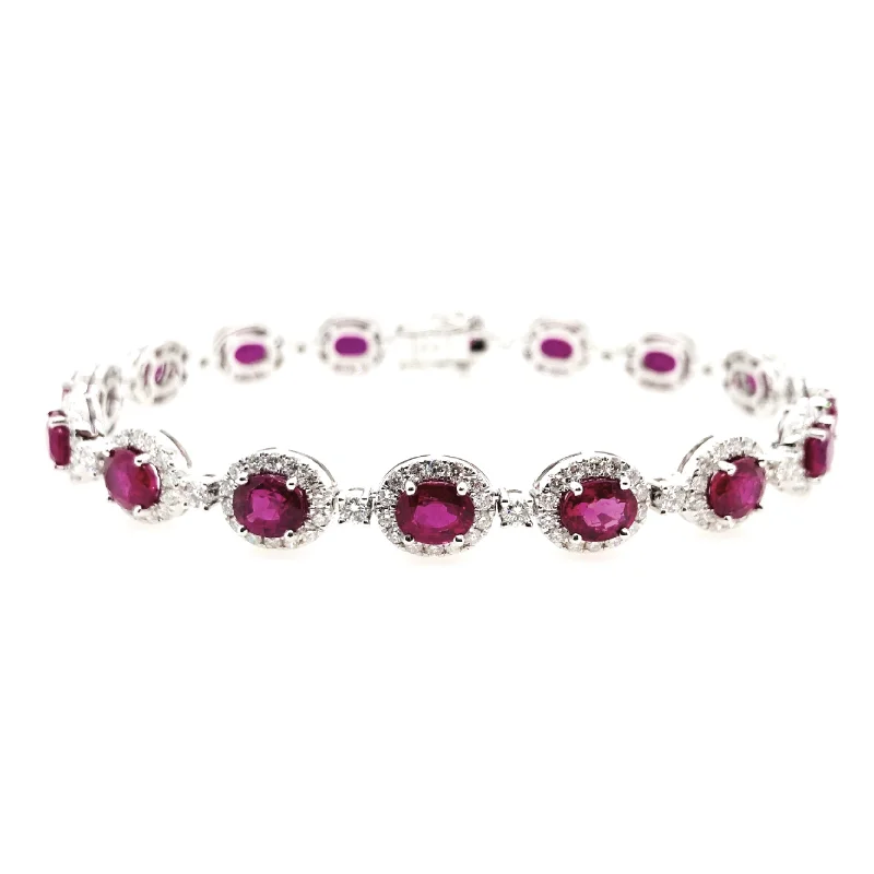 White Gold Ruby and Diamond Halo Bracelet