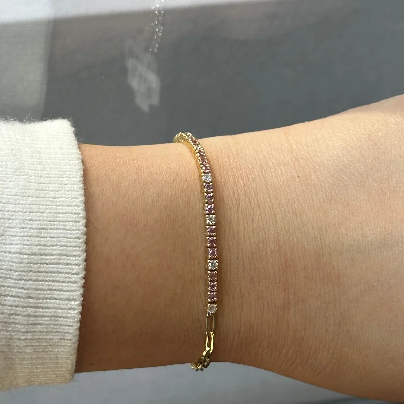 Yellow Gold Pink Sapphire Diamond Tennis Paperclip Bracelet